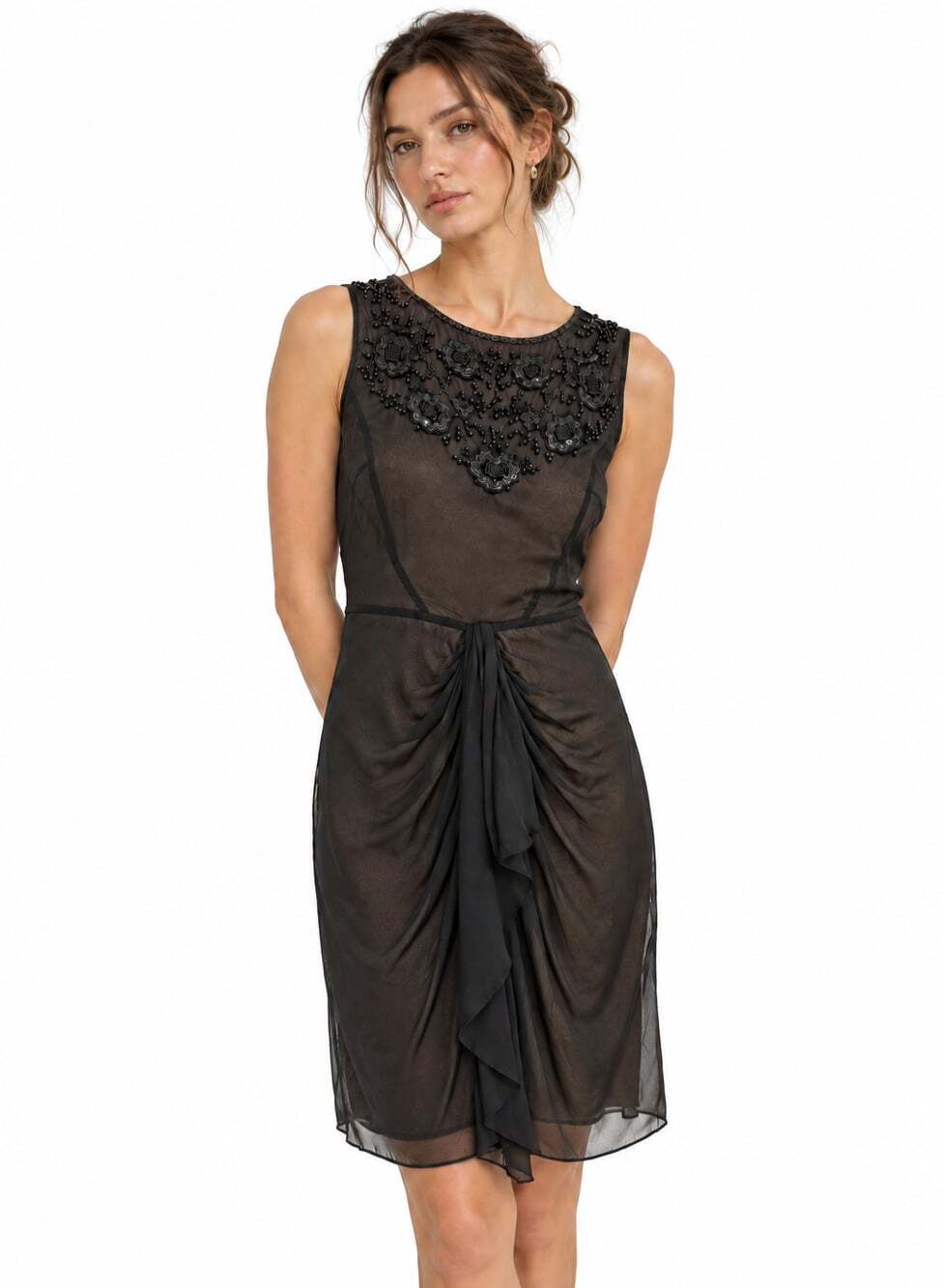 Vintage Anne Klein Black 100% Silk Beaded Sequin Cocktail Dress Formal (Size 2)